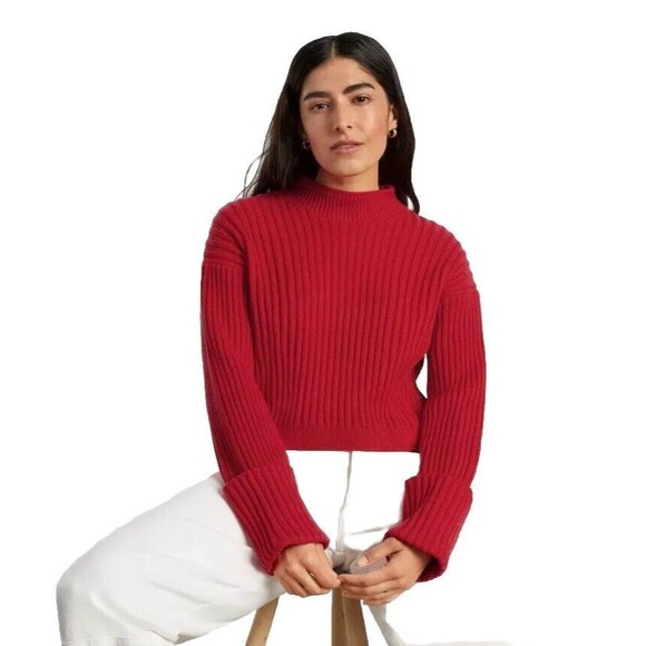 Everlane Organic Cotton Sweater Ribbed Mock Roll Neck Red Sz M